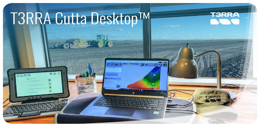 T3RRA Cutta Desktop splash screen showing a laptop running T3RRA and landforming outside.